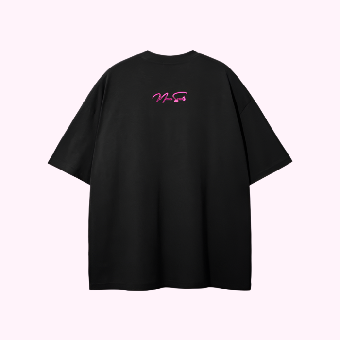 Black oversized Boss Mama T-shirt with bold white square graphic print, made from 100% cotton, featuring a relaxed fit and drop shoulder design.