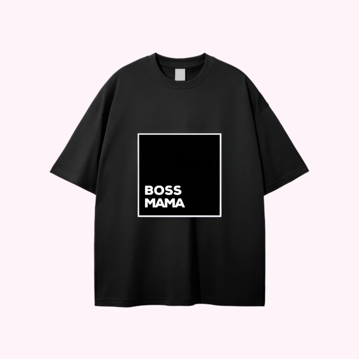 Black oversized Boss Mama T-shirt with bold white square graphic print, made from 100% cotton, featuring a relaxed fit and drop shoulder design.